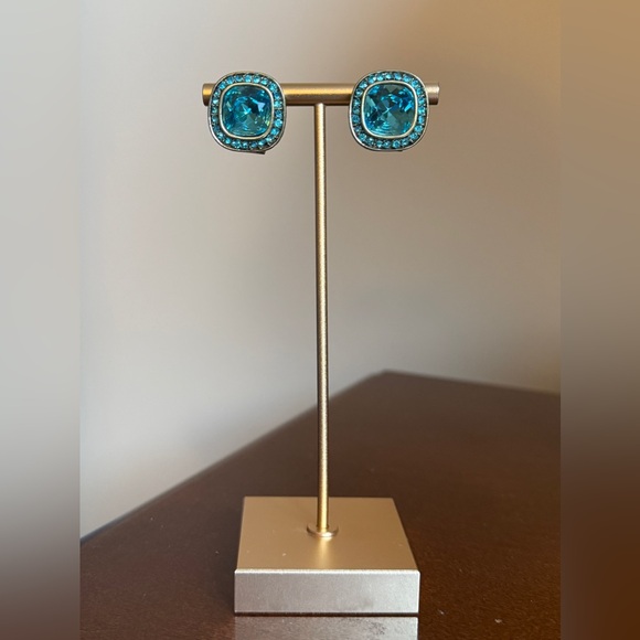 Heidi Daus Aqua Blue Swarovski Crystal Rounded Square Stud Earrings - Picture 2 of 9